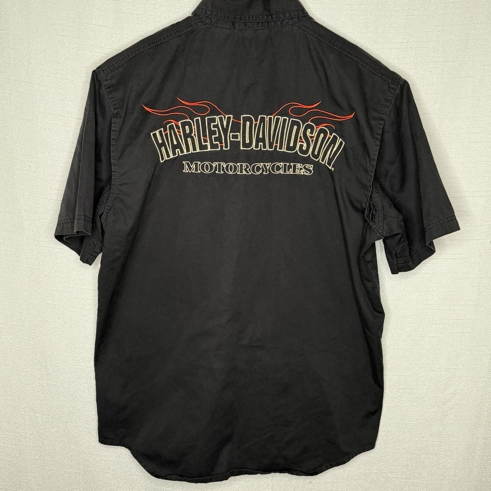 Harley Davidson Shirt Men L Black Logo Big Print Button Up Biker Moto‎ Flames
